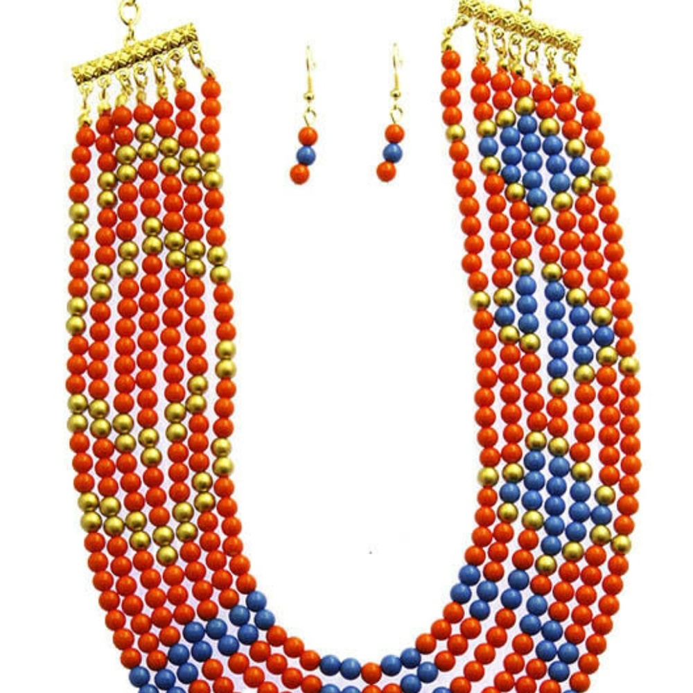 Necklace and Earring Multi Strand Bib Set Orange#1033